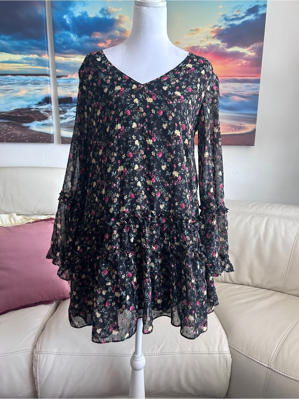 Lush Black Floral Ruffled V-Neck Tunic